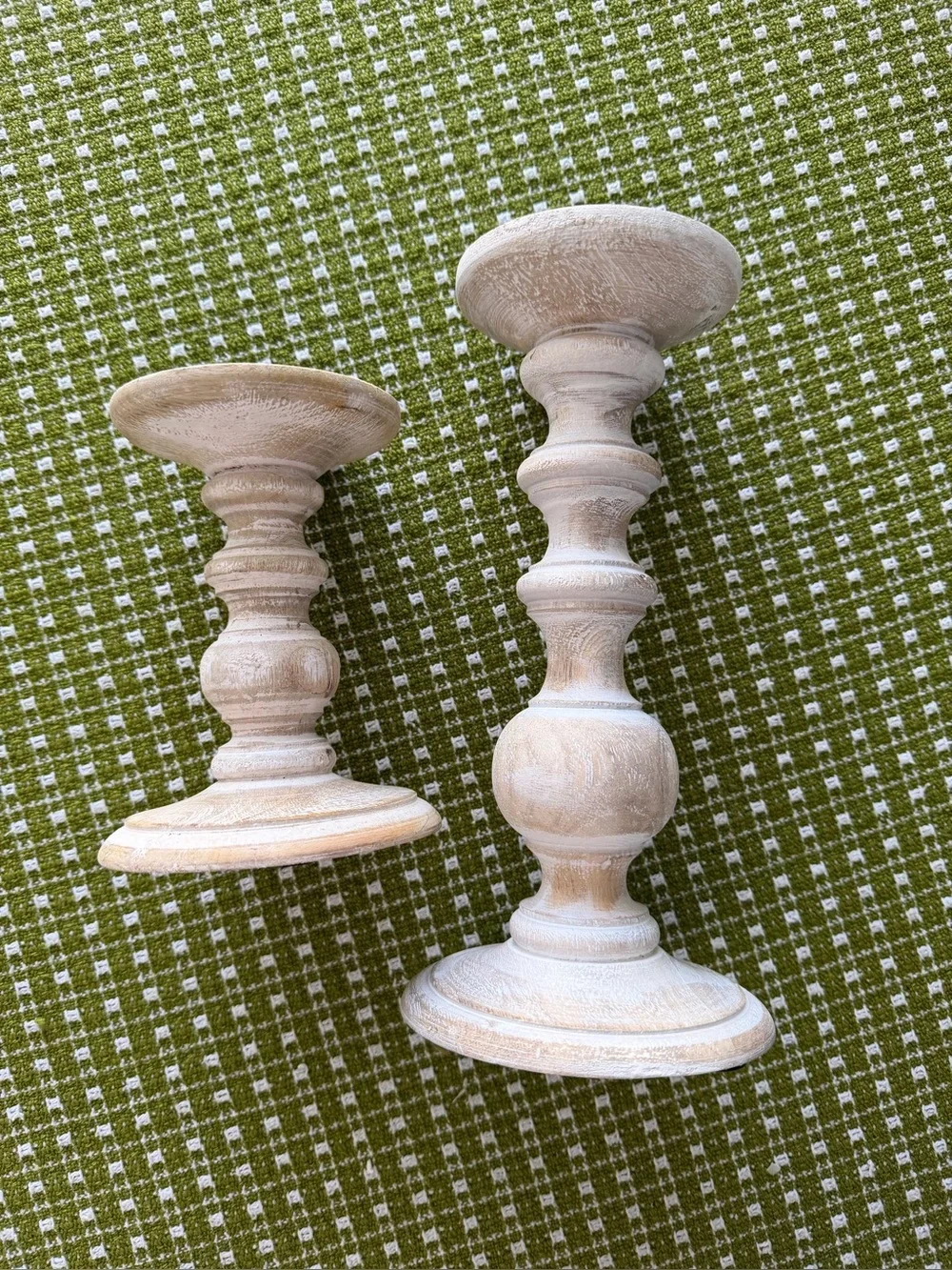 Pair of Whitewashed Wooden Pillar Candle Holders -Farmhouse 6” and 10”